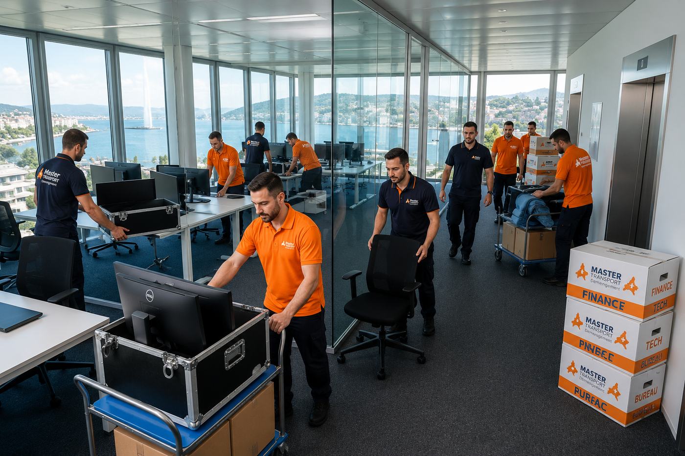 Équipe Master Transport Déménagement lors d'un déménagement de bureaux avec vue sur le lac